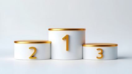 Gold accented podium displaying first second and third place with elegant design on white backdrop