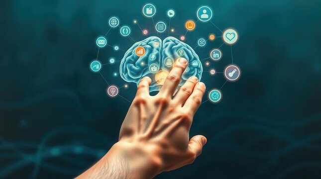 Brain Connections: Digital interaction with brain icon surrounded by communication and network symbols. - Powered by Adobe