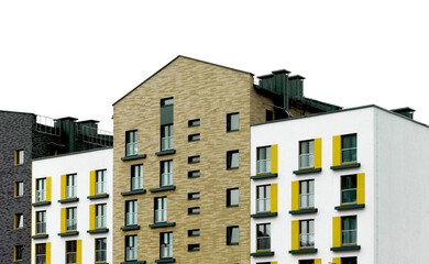 Building with Dutch gable roof and modern brick facade. Contemporary northern European apartment