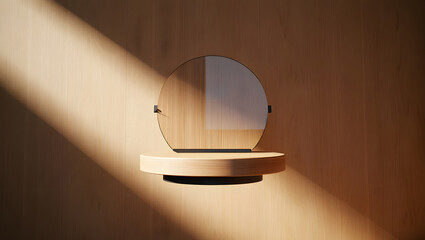 Minimalist wooden mirror and floating shelf displayed against a wooden wall with light