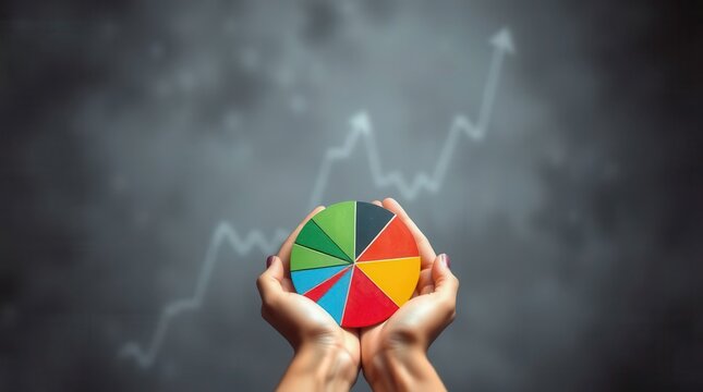 Pie chart held in hands against a rising graph, symbolizing market share or business growth.