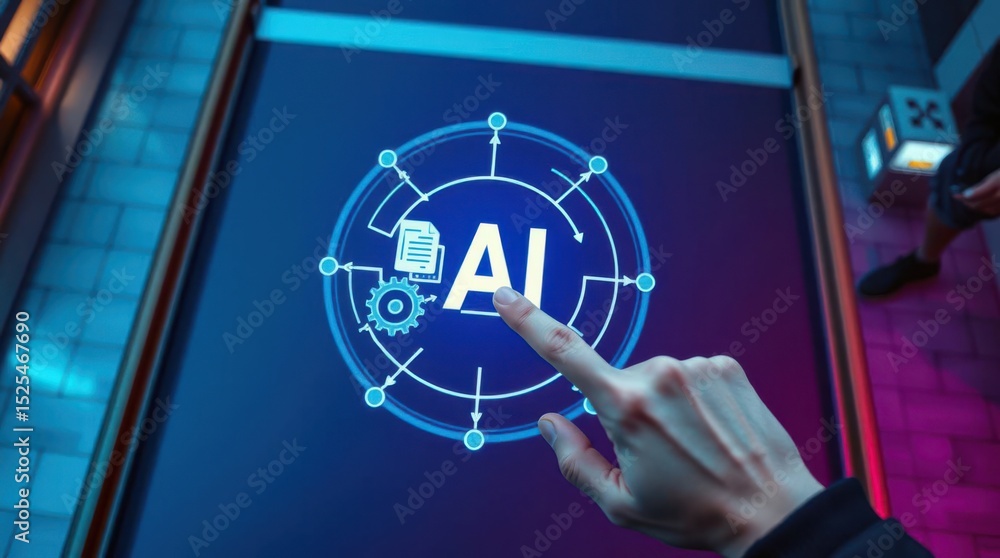 Poster ai interaction: a person touches a touch screen with ai graphics, symbolizing advanced technology an