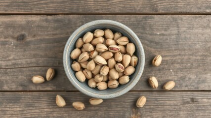 Overhead shot of bowl filled with pistachios spilling onto a weathered wood surface waiting to be cracked open for a tasty snack