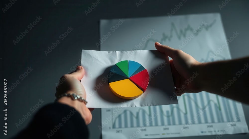 Poster colorful pie chart on paper held by hands, overlaid on line graph representing data and insights