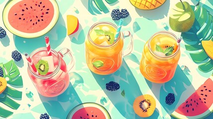 Flat design illustration of tropical drinks in mason jars and coconuts, with sliced papaya, mango, and watermelon, scattered over a patterned tablecloth with soft tropical shadows.