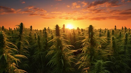 A photo of a hemp field at sunrise