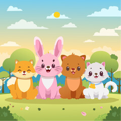 Naklejka premium Kawaii Pets Set – Smiling cats, dogs, bunnies, and hamsters with pastel backgrounds. 