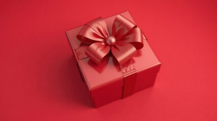 A Shiny Red Gift Box with Satin Bow on Solid Color Background Presents a Festive and Elegant Visual