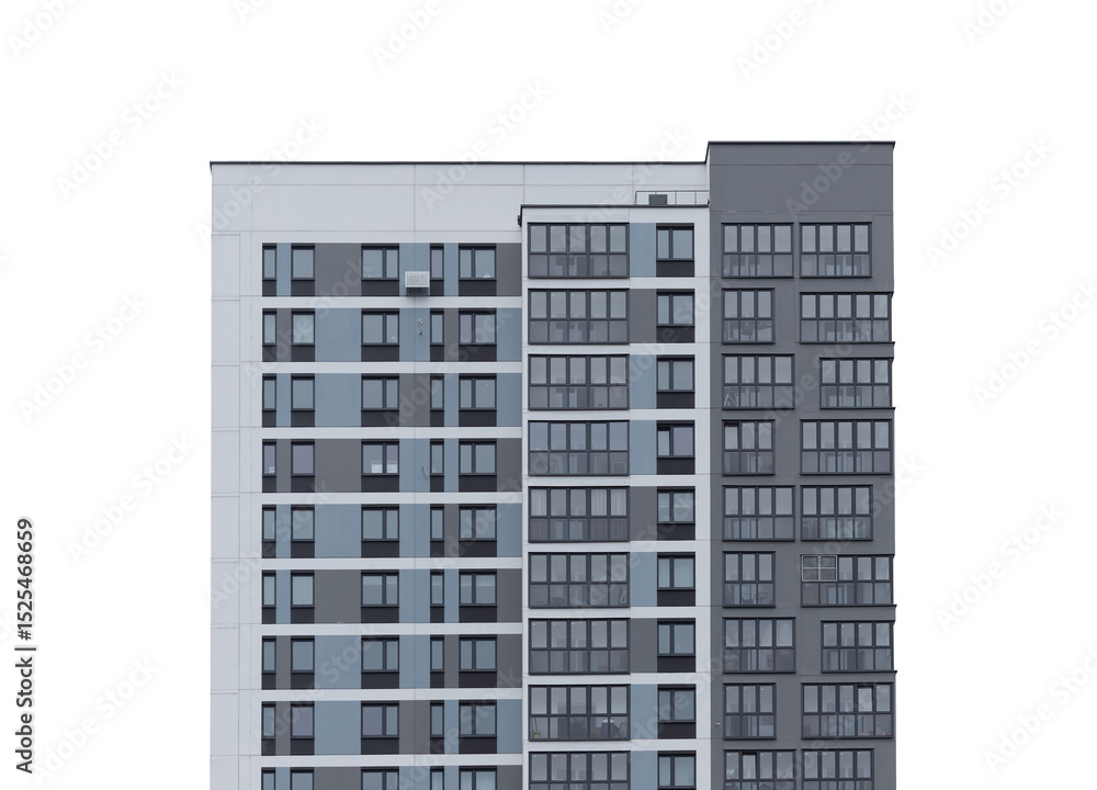 Poster building with modern apartment facade and geometric windows. tall modular block representing urban
