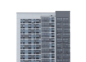 Building with modern apartment facade and geometric windows. Tall modular block representing urban