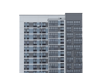 Building with modern apartment facade and geometric windows. Tall modular block representing urban