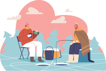 Happy family couple winter fishing