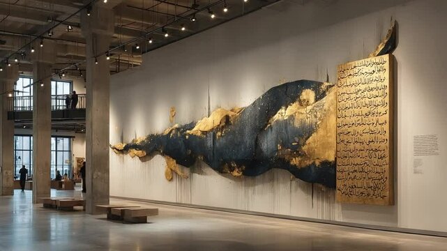 Inside a modern art gallery featuring a large blue and gold abstract wall mural