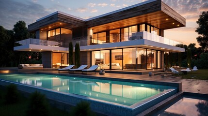 Fototapeta premium A photo of a modern house with a guest house