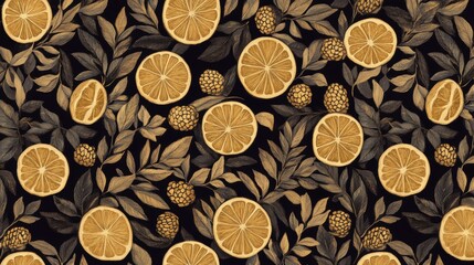 A vibrant pattern featuring sliced lemons and leaves on a deep background, perfect for textiles, packaging, or backgrounds, The design brings freshness and zest to any project,