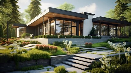 Fototapeta premium A photo of a modern house with a herb garden