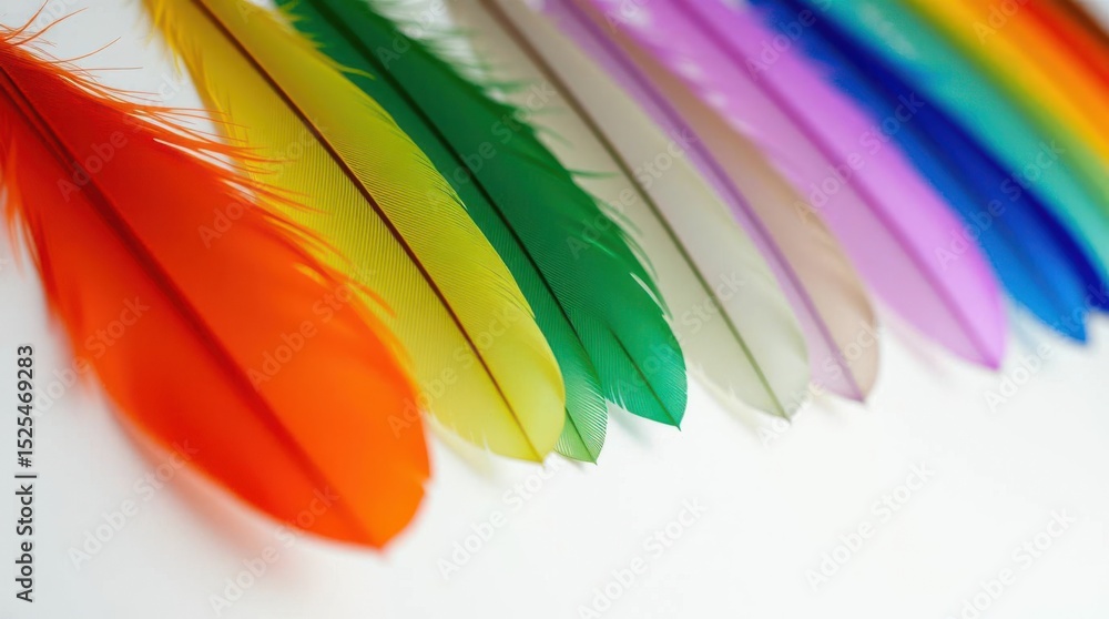 Poster a vibrant spectrum of feathers arranged in a colorful gradient against a crisp, white backdrop.