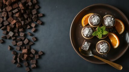 Delicious homemade chocolate treats with orange slices and fresh mint on a dark background creating a visually appealing culinary arrangement