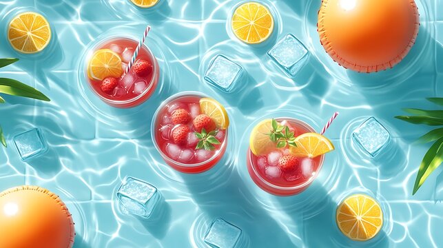 Flat vector of a stylized inflatable bar tray with drinks, ice cubes, and fresh fruit snacks, floating in crystal-clear water surrounded by pool tiles and beach balls. Created using: CorelDRAW,
