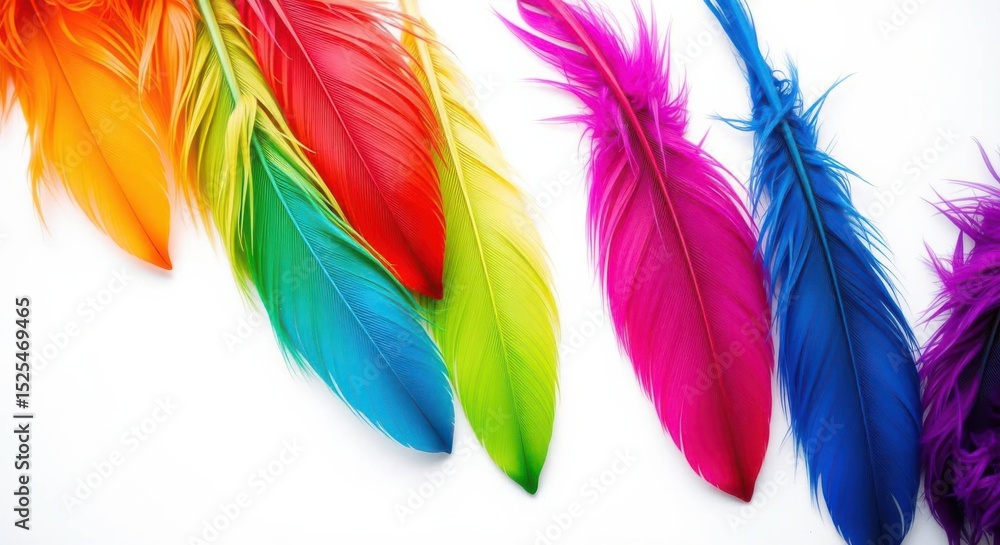Poster vibrant feathers in an array of colors create a playful and artistic composition. a burst of creativ