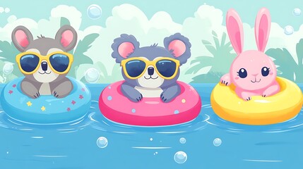 Obraz premium Flat vector pack showing playful animals like a sloth, koala, and rabbit in oversized sunglasses, sitting in donut and flamingo floaties, with a bright pool backdrop and bubbles. Created using: Figma,