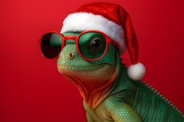 Holiday Iguana Wearing Santa Hat and Red Glasses Portrait