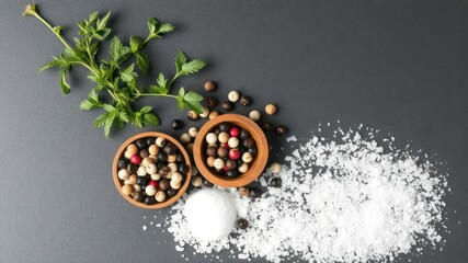 Culinary arrangement with colorful peppercorns in wood bowls, fresh green herbs, and coarse sea salt on a neutral backdrop