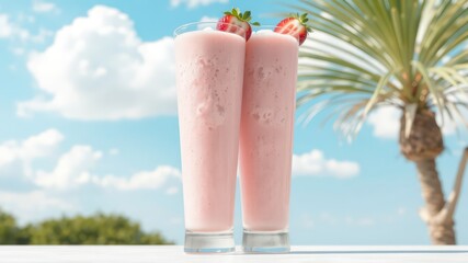 Refreshing pink strawberry smoothies served chilled on a warm sunny day with a serene sky background and a tropical palm tree