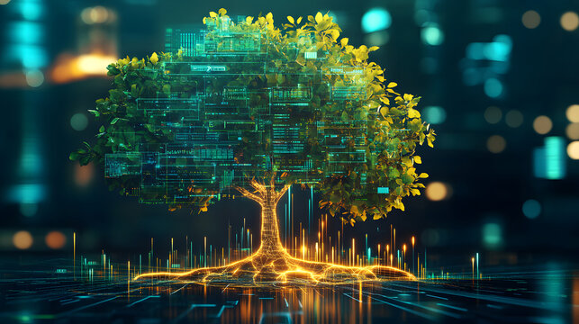 A digital tree of prosperity with money leaves, stock charts as branches, and a strong root system made of savings and asset allocation.