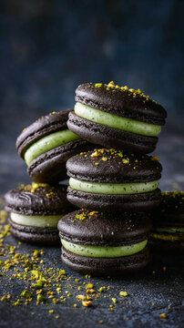  Oreo Cookies with pistachio Cream Sandwich on black background. AI Generative