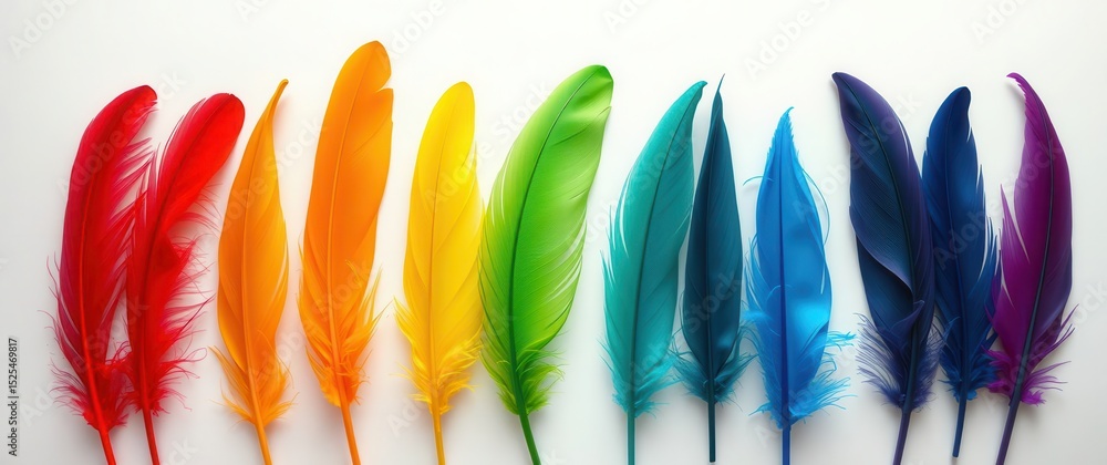 Poster vibrant feathers in a rainbow spectrum, softly textured, cascading with colorful light.