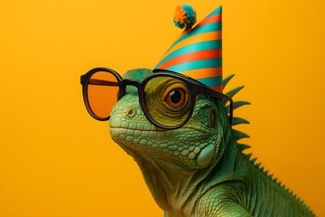 Party Iguana Wearing Glasses and Colorful Birthday Hat, chameleon on a branch