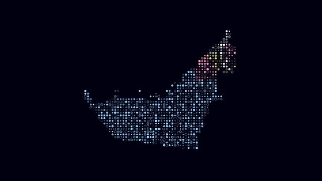 United Arab Emirates dotted animation. Shape of the country built of pulsating colored dots. Small circle blocks. Digital style map on a dark background. Vibrant video.