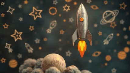 Rocket ship taking off into space amid planets and stars represents exploration, adventure, and future aspirations