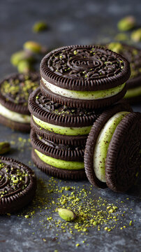  Oreo Cookies with pistachio Cream Sandwich on black background. AI Generative