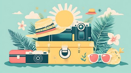 Minimal vector composition of a summer suitcase stacked with travel accessories: passport, camera, sunglasses, and hat. Background shows subtle beach icons like waves and sun in pattern style.
