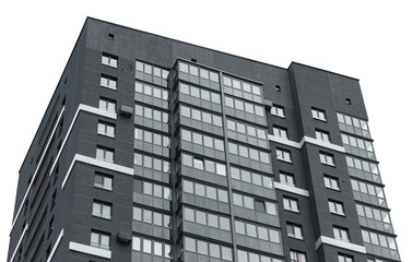 Building with modern architecture. High rise residential tower with geometric concrete facade,