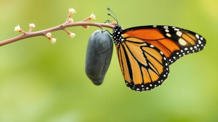 Newly Emerged Butterfly Resting Near Its Pupal Case Hangs From a Delicate Branch on a Soft Green Background