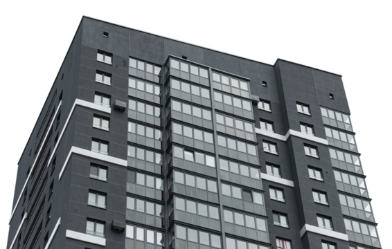 Building with modern architecture. High rise residential tower with geometric concrete facade,