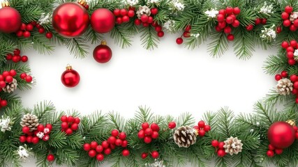 Festive Evergreen Branches Frame a Bright White Space Adorned with Red Berries and Shimmering Ornaments