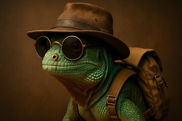 Iguana with a Bag on his back, Adventurer Iguana Wearing Sunglasses, Backpack, and Safari Hat