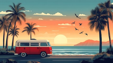 Retro-style flat vector of a red camper van parked on a coastal road, ocean horizon in the background, palm trees leaning over the scene, and birds flying in the sky. Created using: CorelDRAW,
