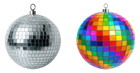 Shiny Silver and Colorful Disco Balls Perfect for Celebrations, Parties, and Events, Captured in High Detail, Isolated on Transparent and White Background