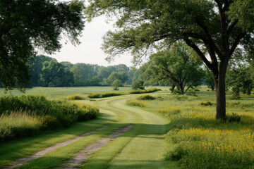 Obraz premium secluded path winding through lush green meadow surrounded by tall grass and wildflowers