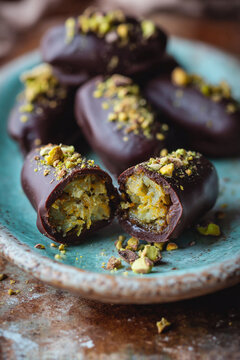 Dates filled with crunchy pistachio cream and covered in chocolate, Dubai chocolate dates. AI Generative
