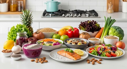 Delicious and Healthy Food A Vibrant Spread of Fresh Produce, Grains, and Protein