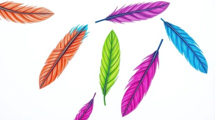Colorful feathers float on a white background creating a vibrant and playful design. Simple and light.