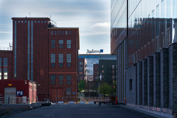 Radisson Blu hotels and resorts logo on building in former Lindholmen shipyard on May 10, 2025 in Gothenburg, Sweden.