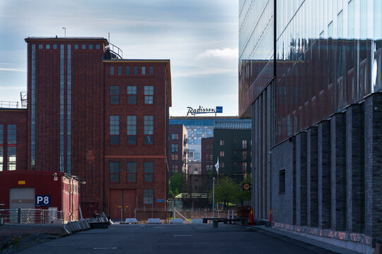 Radisson Blu hotels and resorts logo on building in former Lindholmen shipyard on May 10, 2025 in Gothenburg, Sweden.