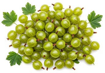 Pile of fresh gooseberries with green leaves